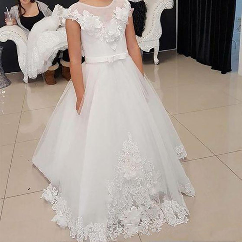Flower Girl Dresses Birthday Banquet Sleeveless Lace Applique Tulle Dress Elegant Girl's Wedding Holy Communion White Dresses