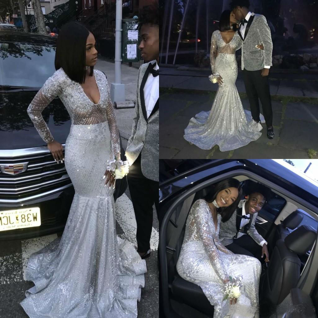 Sparkly Sequins Mermaid Prom Dresses 2019 Long Sleeve Ruffles Sweep Train Evening Gowns Luxury Cocktail Party Dresses robes de soirée