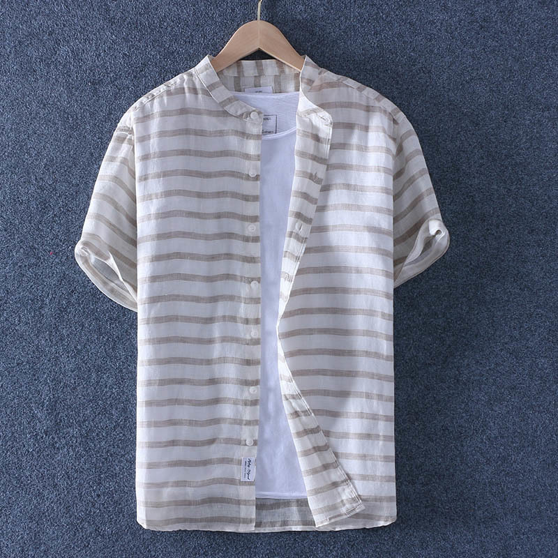 Schinteon 100% Pure Linen Striped Summer Shirt Men Breathable Stand Collar Short Sleeved Casual Shirt Comfortable New