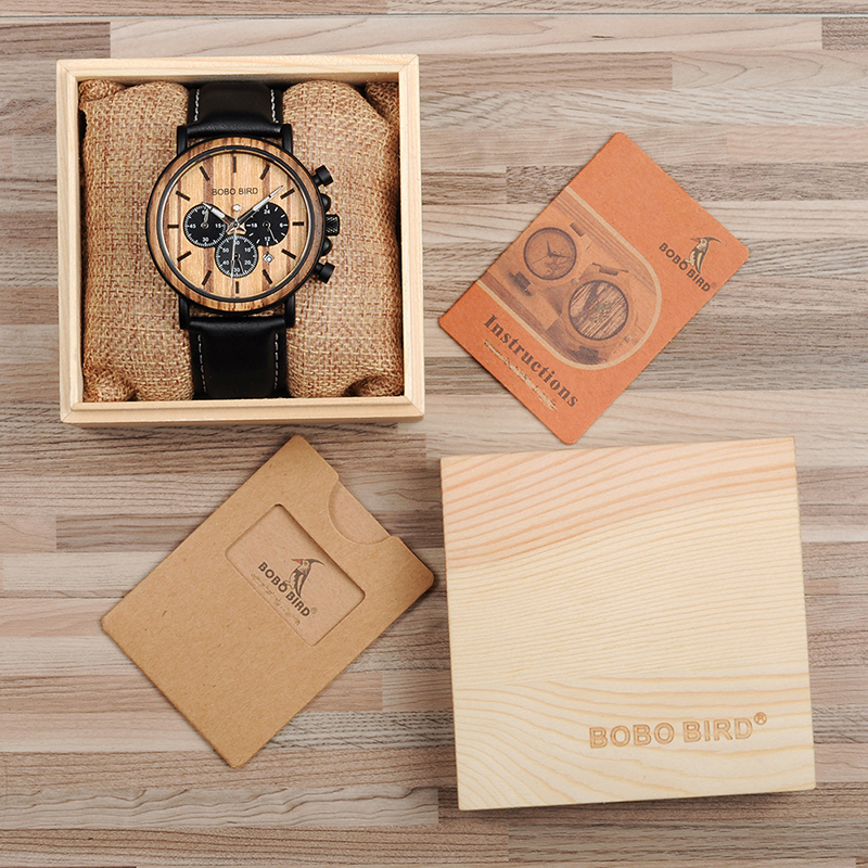 Bobo Bird P09 Wood And Stainless Steel Watches Luminous Hands Stop Watch Mens Quartz Wristwatches In Wooden Box Dropshipping Y19051403
