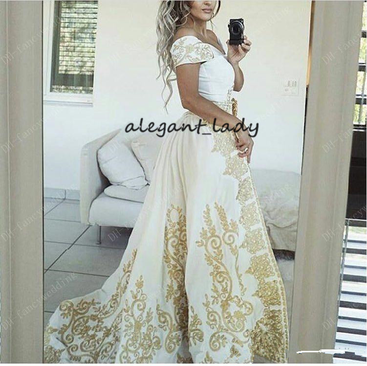 Luxurious Mermaid 2019 Arabic Evening Dresses Sweetheart gold lace Embroidery puffy skirt Satin Prom Dresses with Detachable Train