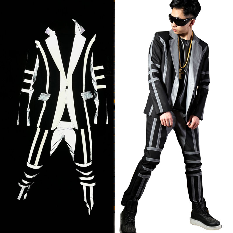 Tailor-made Men Reflective Stripe Splice Suit Sets Male Nightclub Fashion Hip Hop Singer Dancer Stage Wear Costumes, Black
Tailor-made Men Reflective Stripe Splice Suit Sets Male Nightclub Fashion Hip Hop Singer Dancer Stage Wear Costumes, Black