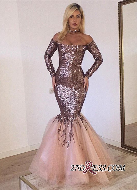 2019 Rose Gold Evening Dresses Off The Shoulder Sequins Sweep Floor Length Mermaid Prom Dress Custom Made Long Sleeve Special Occasion Gowns