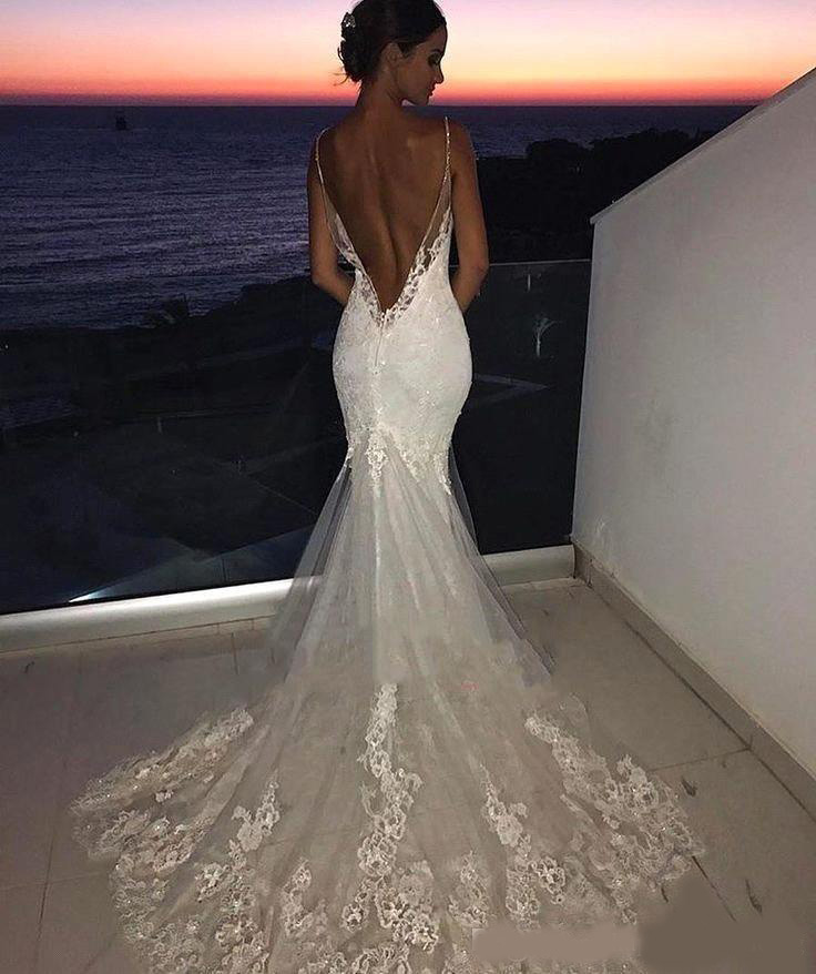 Modern Backless Wedding Dresses 2020 Sexy Open Back Mermaid Spaghetti Straps Appliqued Lace Long Bridal Gowns Formal