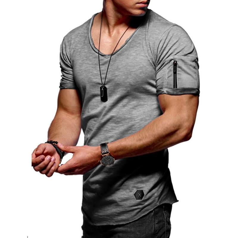 New V collar T shirt Fitness Bodybulding T shirts High Street Summer Short Sleeve Zipper t-shirts tops Plus Size