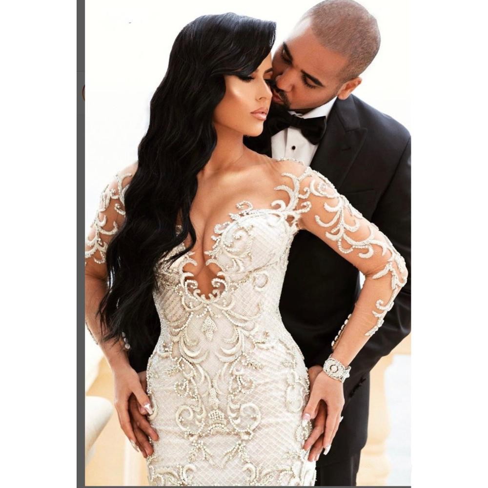 Sparkle Mermaid Wedding Dresses Illusion Long Sleeves Lace vestido de noiva Lace Appliques Slim Formal Bridal Gowns Plus Size Robe De Mariee