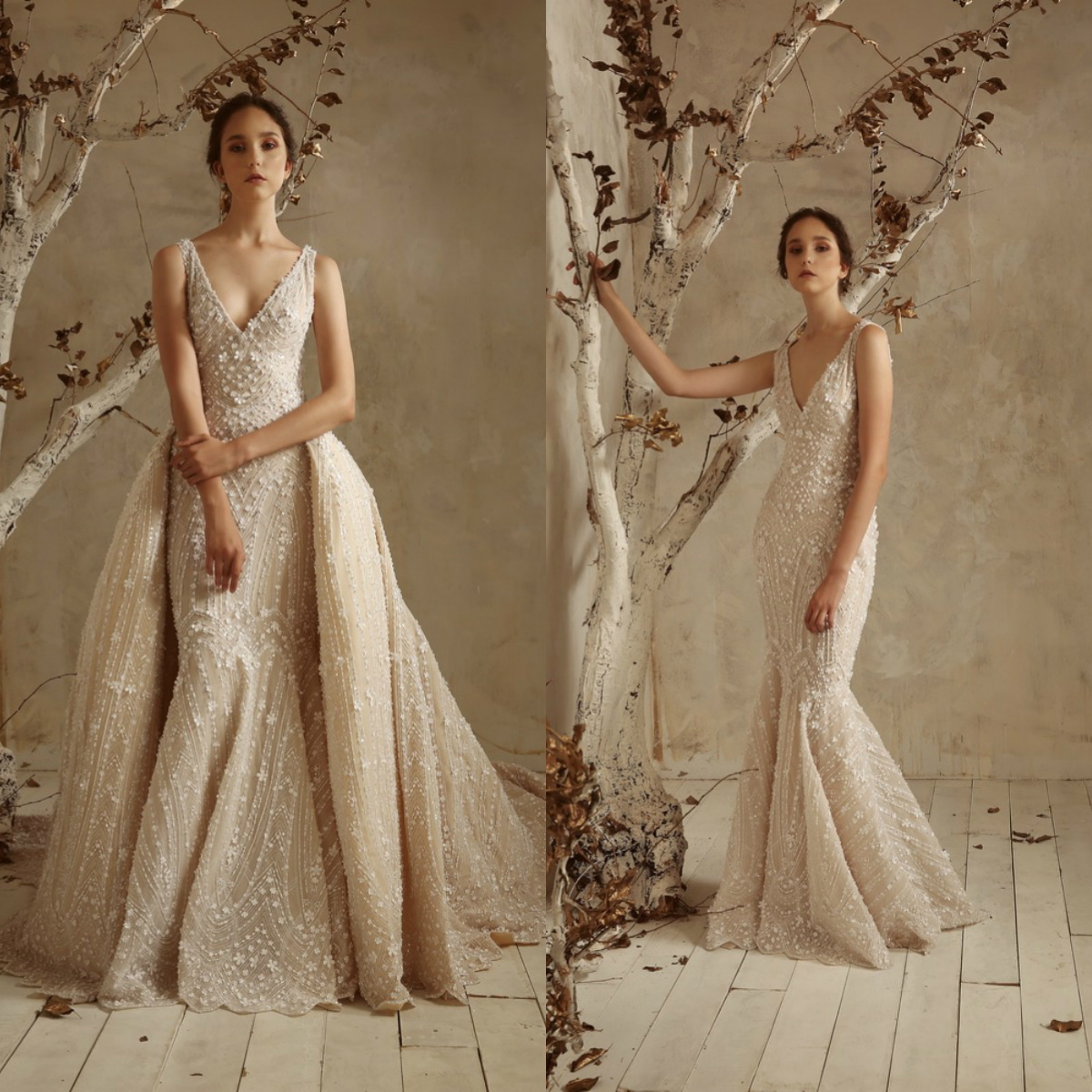 Tony Ward 2019 Mermaid Wedding Dresses With Detachable Train V Neck Lace Beaded Bridal Gowns 3D Floral Appliqued Plus Custom Wedding Dress