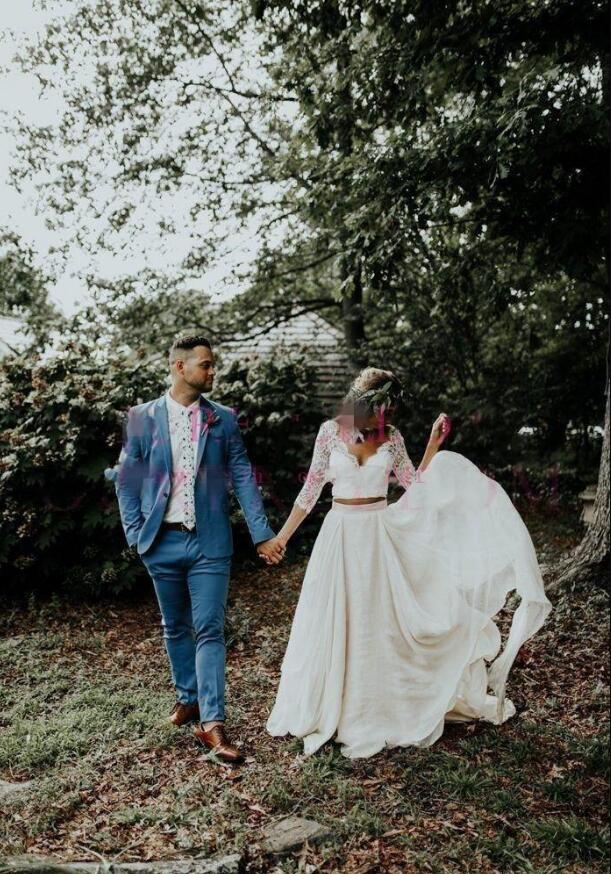 2020 Bohemian Two Pieces Wedding Dresses 3 4 Long Sleeve V Neck Sweep Train Lace Top Chiffon Beach Garden Country Boho Bridal Gowns