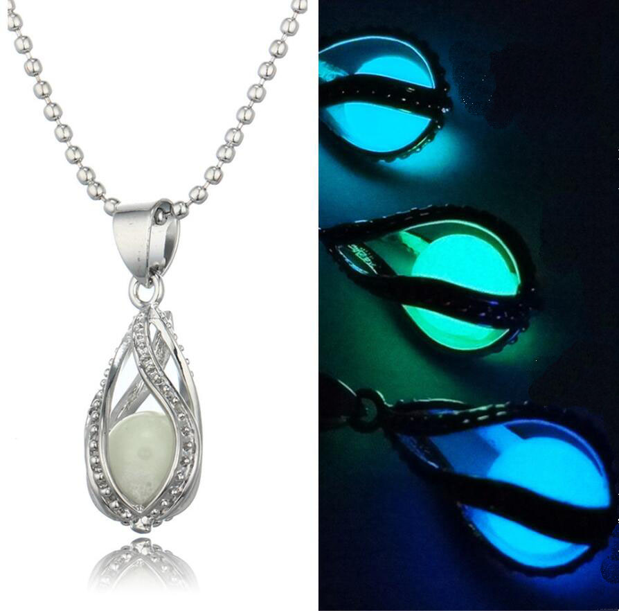 Hollow spiral water drop luminous necklace, luminous pearl mermaid pendant DJN27 mix order Pendant Necklaces jewelry