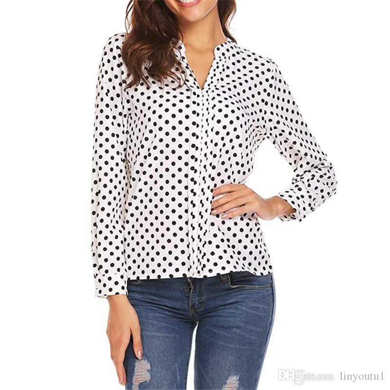 Large size Women's Blouse 2020 spring new print small dot V-neck long-sleeved sleeves Shirt fashion casual loose ladies Blouse