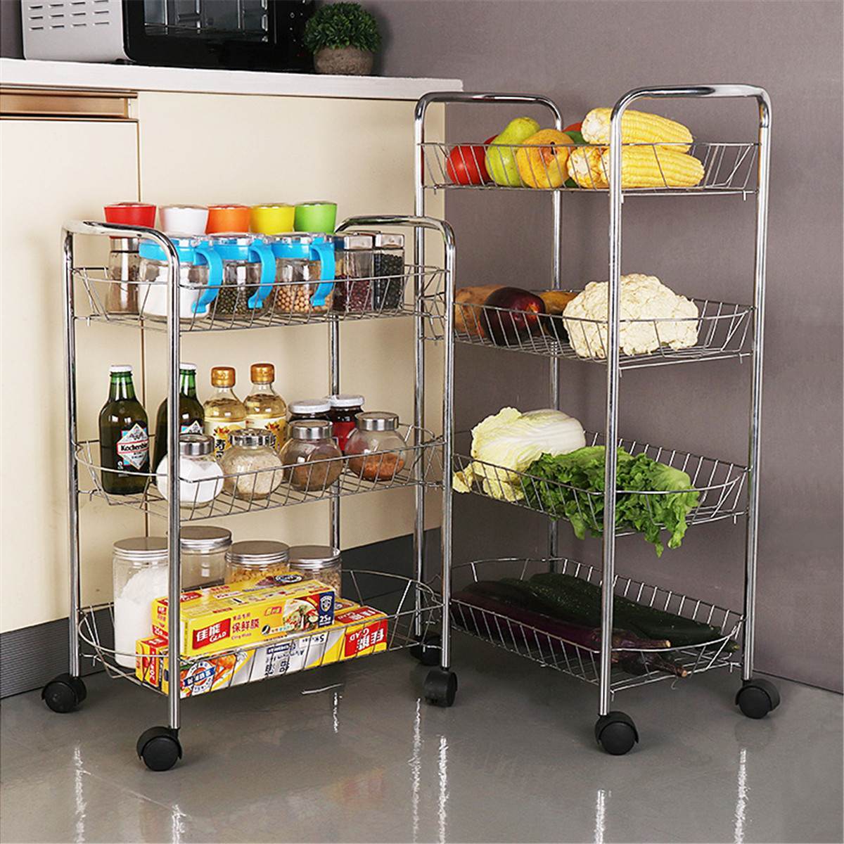 

3/4 Tier Storage Organizer Rack Movable Kitchen Bathroom Shelf Metal Rolling Trolley Cart Basket Stand Wheels Save Space Holder T200319