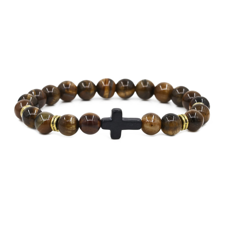Personality White Turquoise Volcanic Rocks Tigers's eye Bead Bracelet Men Womens Natural Gemstone Cross Charms Stackable Bracelet Jewelry