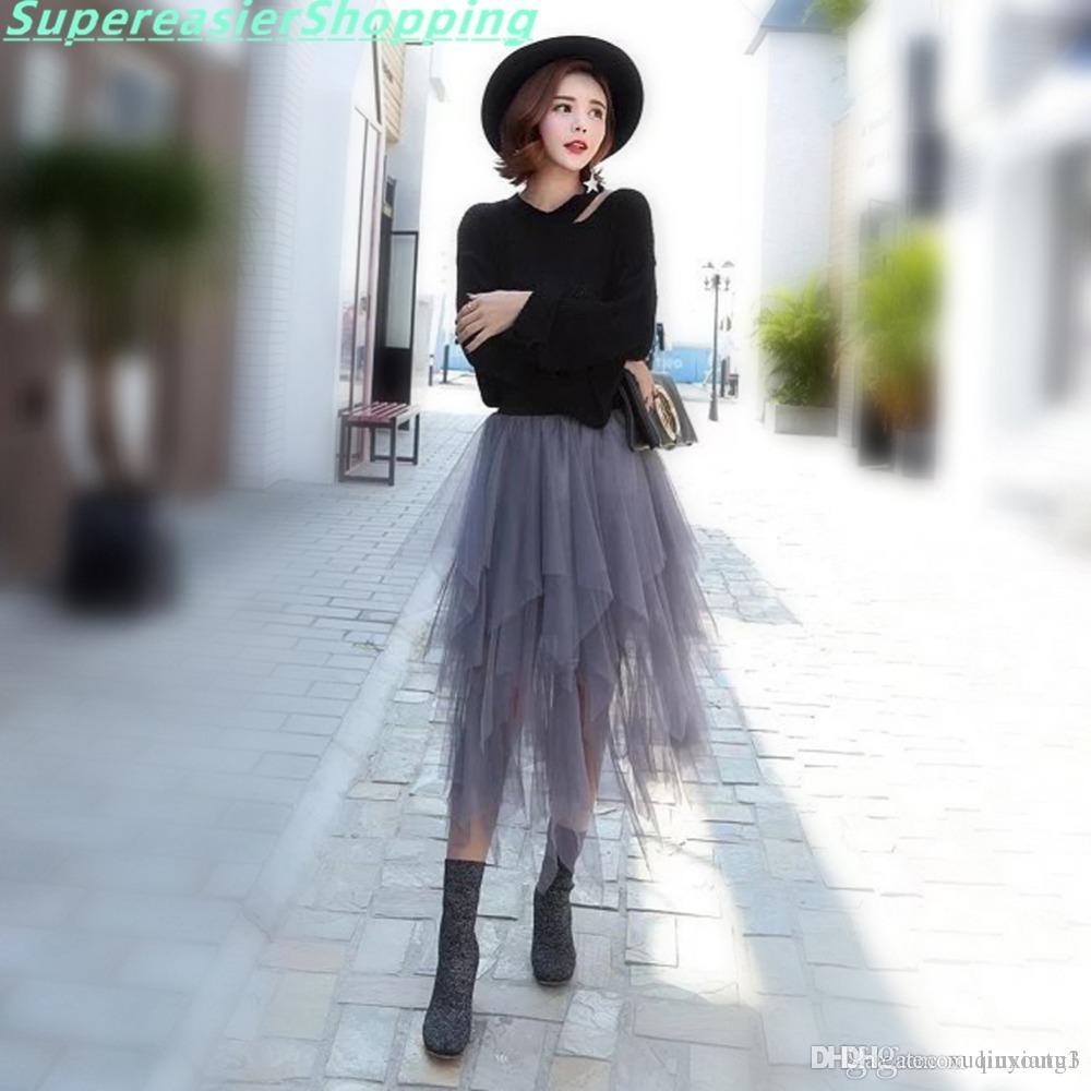 2020 3 Colors Women Tulle Tutu Skirt Ball Gown Long Pleated Skirts Women Mid-Calf Summer Party Asymmetric Midi Skirt Free Size BQ7219