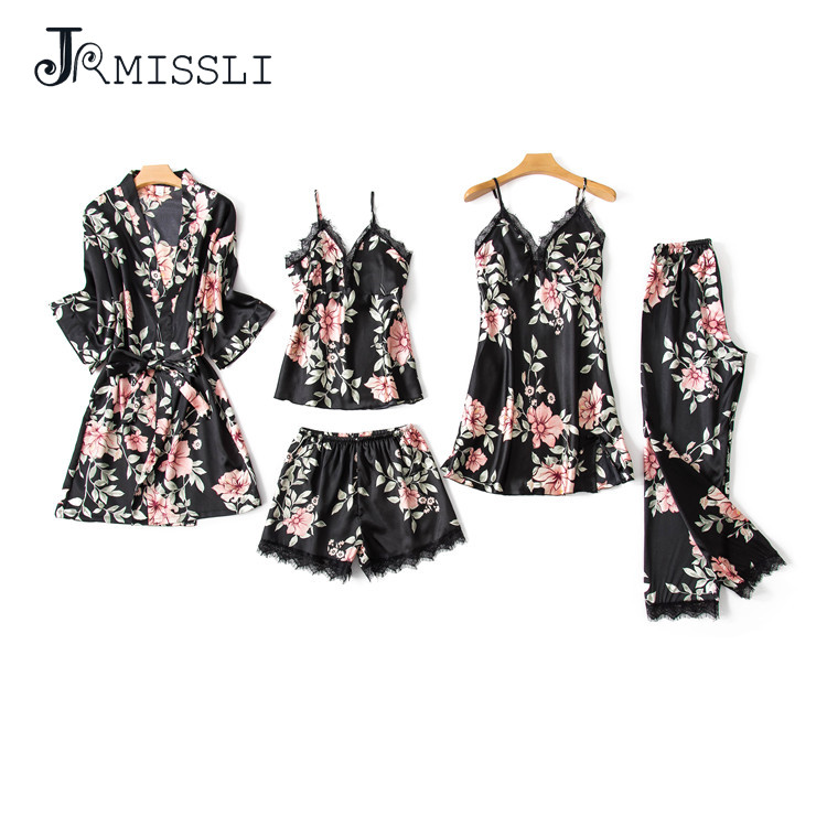 JRMISSLI Satin Sleepwear Female with Chest Pads Sexy Women Pajamas Lace Slik Sleep Lounge 5 Pieces Sets Elegant Ladies
JRMISSLI Satin Sleepwear Female with Chest Pads Sexy Women Pajamas Lace Slik Sleep Lounge 5 Pieces Sets Elegant Ladies