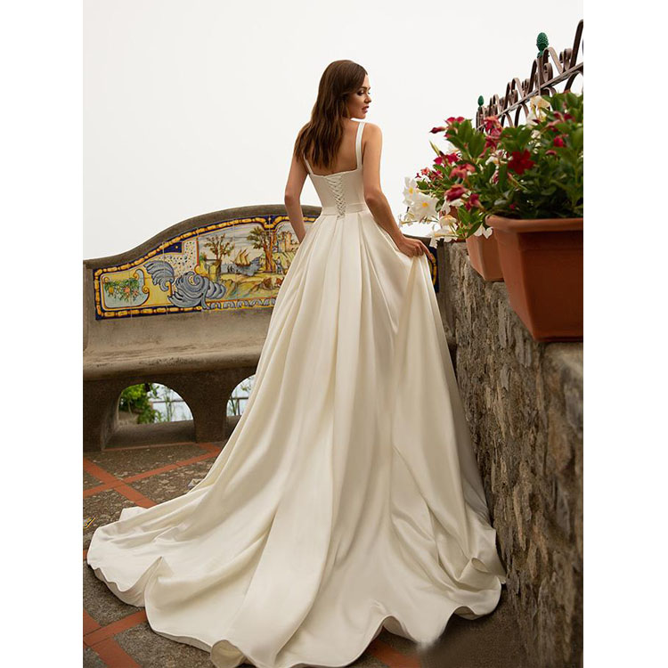 satin a line wedding dresses sexy spaghetti high split boho bridal gowns sweep train beach simple wedding dress robe de marie