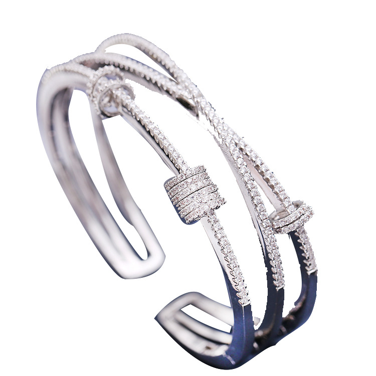 Personalized White Gold Iced Out CZ Cubic Zirconia 3 Layers Cross Hollowed Open Cuff Bangle Bracelet Womens Wedding Engagement Jewerly