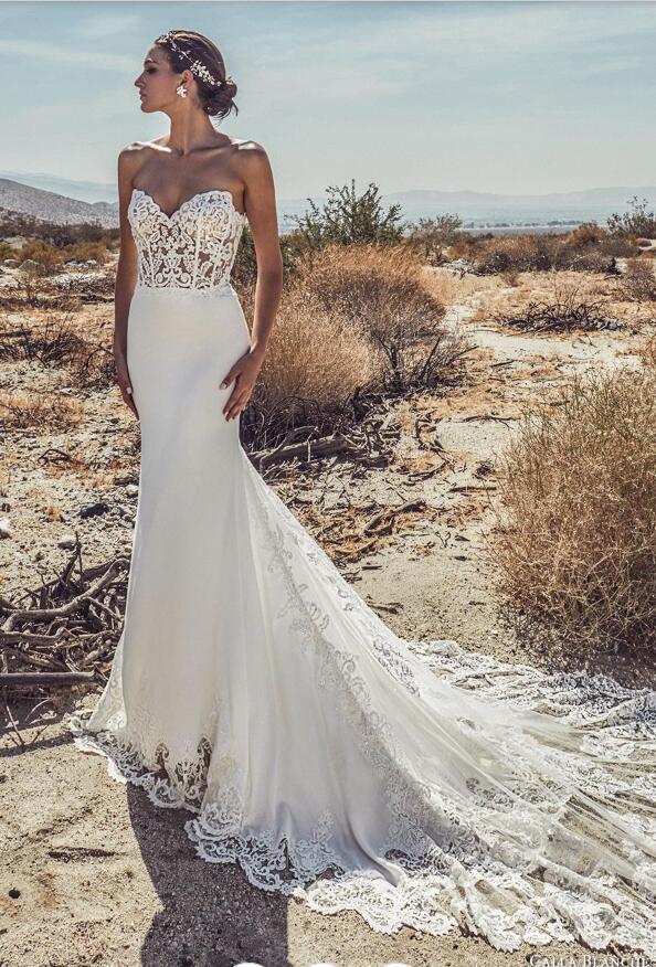 2019 Lace Wedding Dresses Sweetheart Appliqued Satin Sweep Train Illusion Bodice Mermaid Wedding Dress Custom Plus Size Beach Bridal Gowns