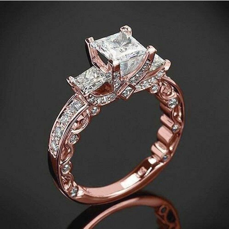 Sterg Sier & Rose Gold Vintage Three Stone Topaz CZ Wedding Ring for Women - Bohemian, Celtic, Animal Pattern 4