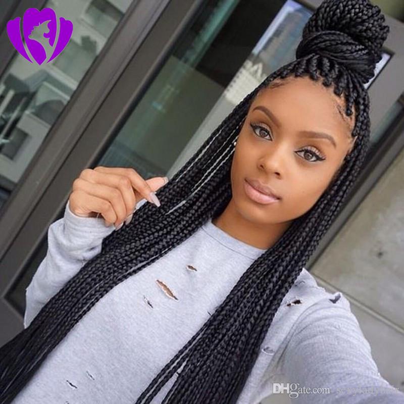 African American Braided Black Heat Resistant Fiber Box Braids Women Wigs can do ponytail Synthetic Lace Front Wig With Baby Hair