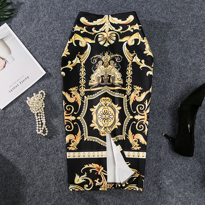 -Coming European Women Autumn Print Pencil Skirt High Stretch Abstract Pattern Midi Slip Hip Skirt Female LY191203