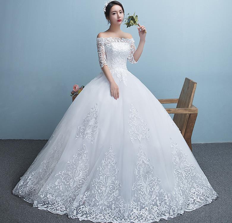 Vintage White Lace A-line Wedding Dresses Off The Shoulder Half Sleeve Lace-up Back Floor Length Custom Made Plus Size Bridal Gowns