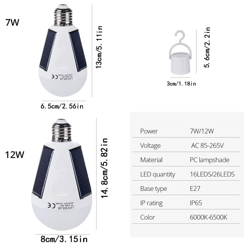 Emergency Solar Rechargeable Light Bulbs for Power Outage 7W 12W E27 6500K Portable Camping Tent Lights for Outdoor & Indoor
