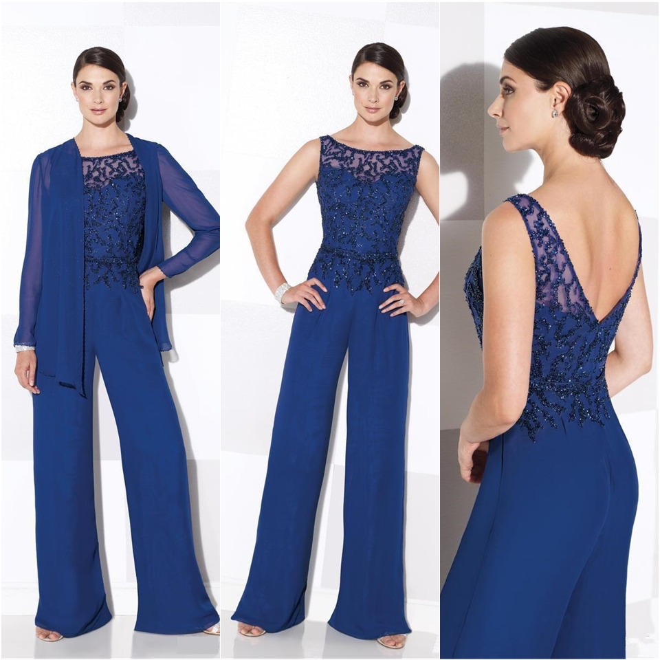 Lace Royal Blue Mom's Pant Suits Pajamas Scoop Neck Lady Women Prom Suits with Long Jacket Lady Evening Dresses