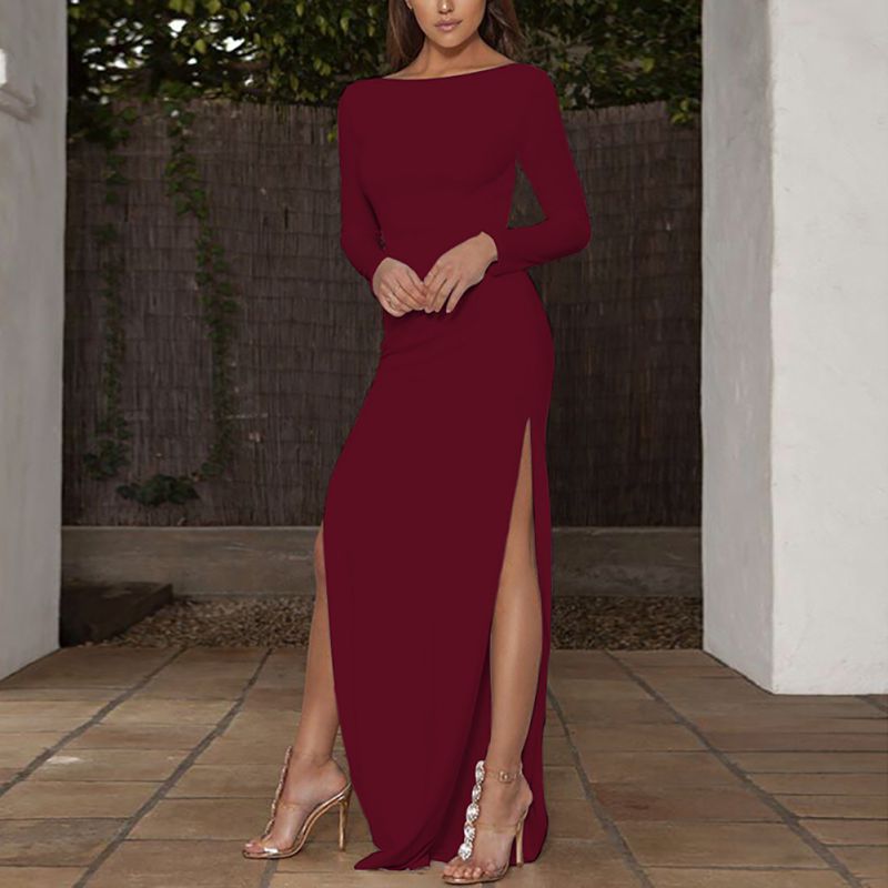 2019 Women Elegant Backless High Slit Long Dress Autumn O-neck Long Sleeves Party Dress Women Bodycon Solid Vestidos