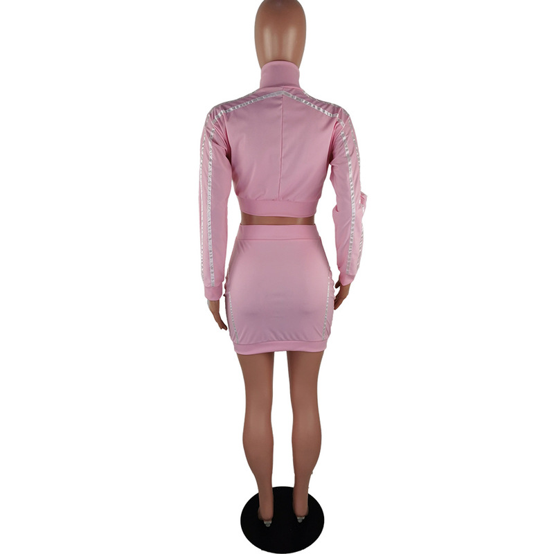 Zippers Striped Patchwork Two Piece Set Women Stand Collar Long Sleeve Crop Tops+High Waist Mini Skirts 2 Piece Female Tracksuit