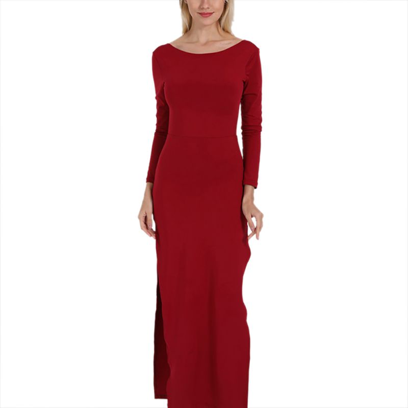 2019 Women Elegant Backless High Slit Long Dress Autumn O-neck Long Sleeves Party Dress Women Bodycon Solid Vestidos