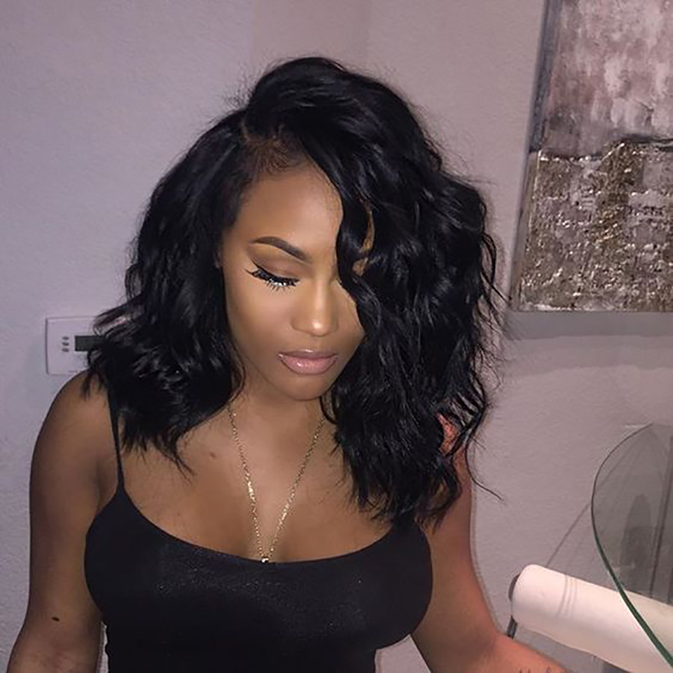 Natural Synthetic Lace Front Wigs for Women Short Bob Water Wavy Black #1B Hair 16 Inch Natural Looking Heat Resistant Fiber Wig peruvian