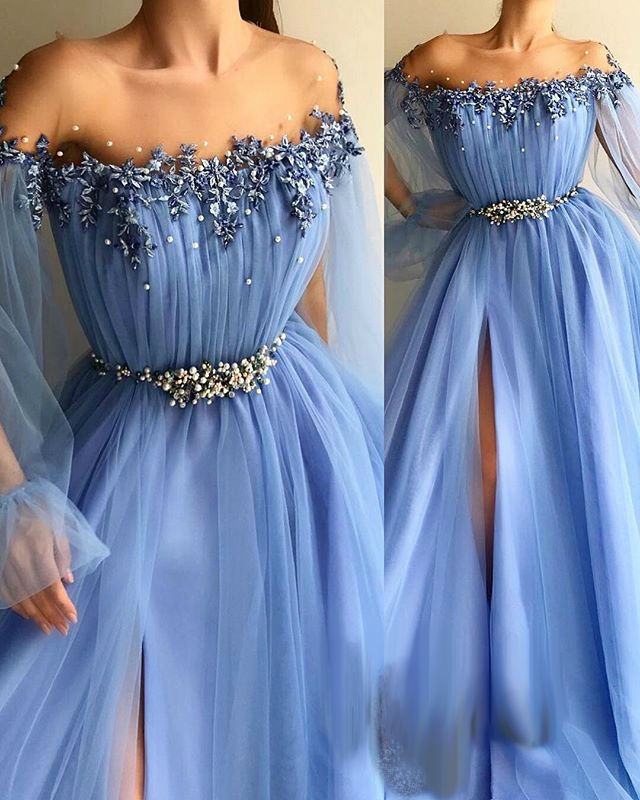 Glamorous Light Blue Prom Dresses 2019 A Line Sheer Neck Long Sleeve Tulle Evening Gowns High Split Quinceanera Dresses robes de soirée