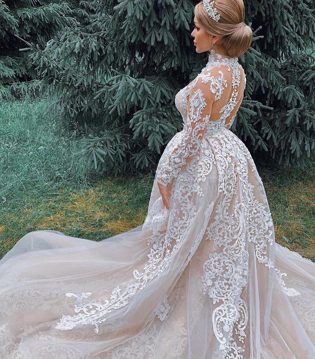 New Dubai Champagne Mermaid Wedding Dresses High Neck Lace Appliques Long Sleeves With Detachable Train Plus Size Formal Bridal Gowns