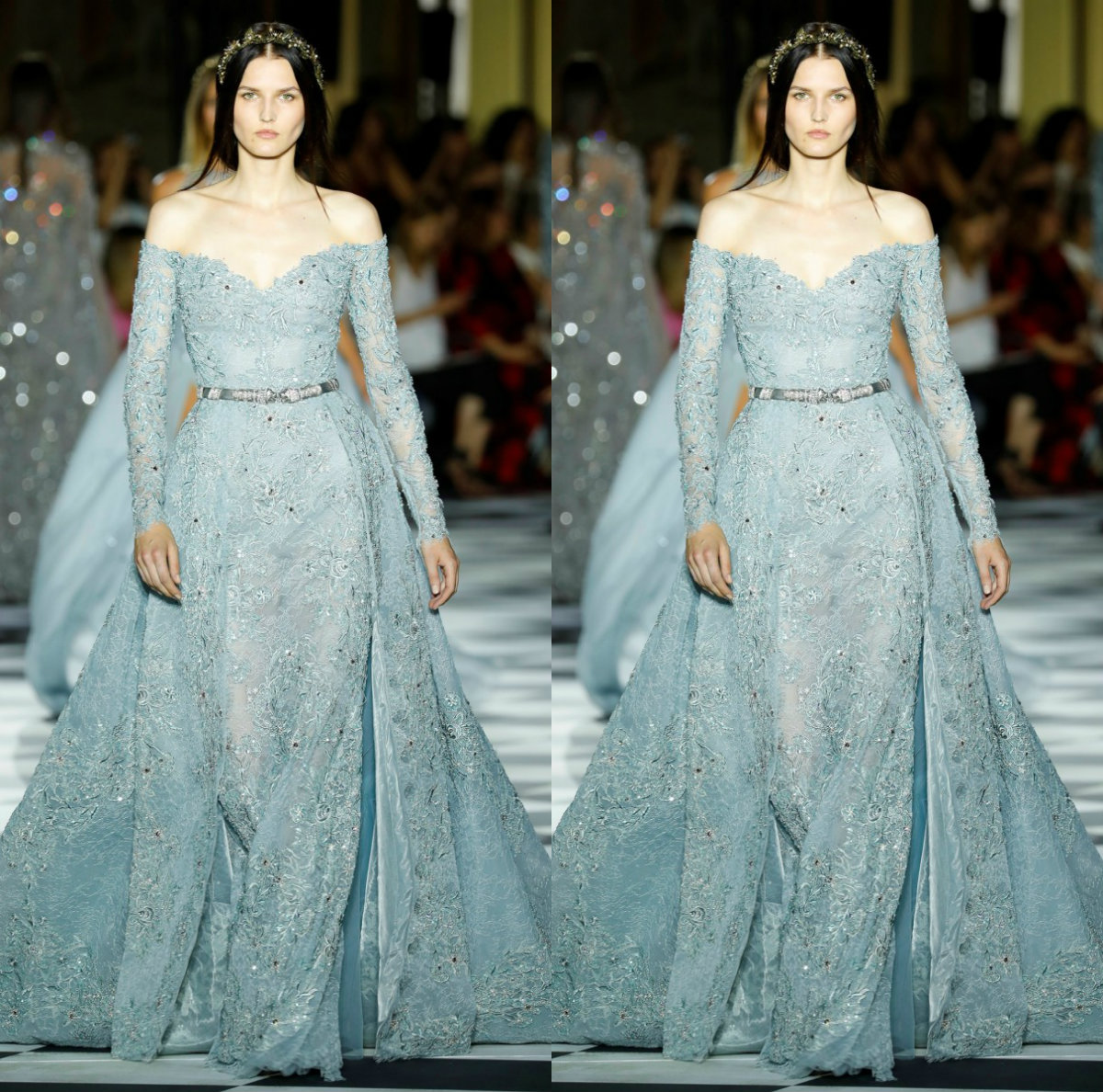 Zuhairmurad Customized Mermaid Evening Dress Off Shoulder Long Sleeve Formal Dress Tulle Detachable Crystal Sashes Party Bridesmaid Gown