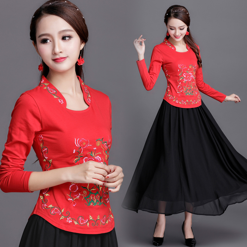 Ethnic Embroidery T Shirt Women Plus size Spring Tops Autumn Long sleeve Bottoming Cotton Tees High Collar White Ladies Clothes T200110