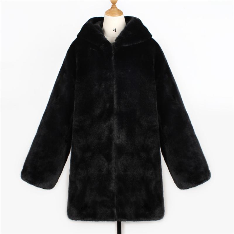 Lanshifei New Design Fall Female Imitation Fur Long Parka Ladies' Winter Faux Fur Coat Warm Black Jacket with Hood for Women