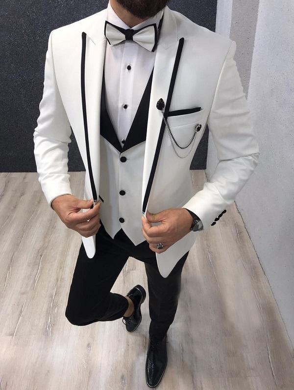 Popular One Button Ivory Groom Tuxedos Peak Lapel Groomsmen Mens Suits Wedding/Prom/Dinner Blazer (Jacket+Pants+Vest+Tie) K289