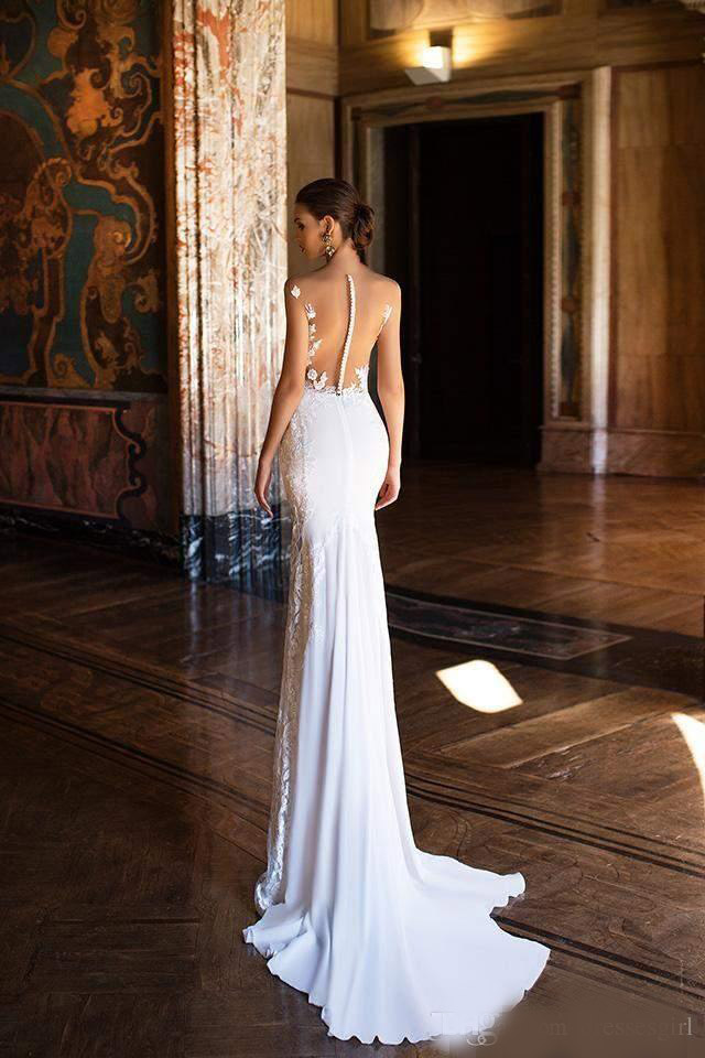 Sheer Back Lace White Mermaid Wedding Dresses Covered Button Back Scoop Neck Court Train Long Wedding Gowns Bridal Gowns 2020 New