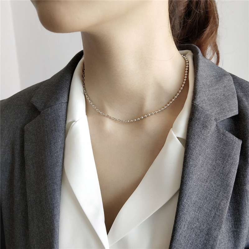 Bib Jewelry 925 Sterling Silver Asymmetric Beads&Link Chain Necklaces For Women New Simple Female Choker Collar Necklace