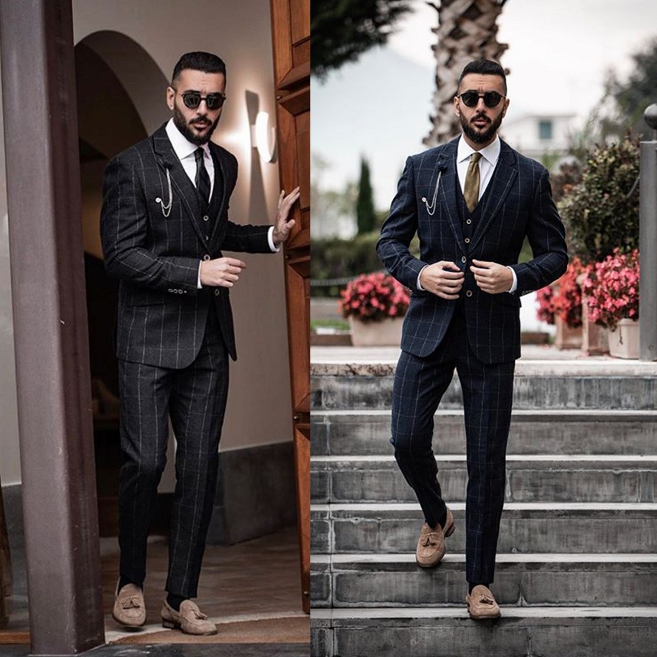 New Black Check Plaid Mens Groom Wedding Suits Groom Double Breasted Peaked Lapel Formal Work Prom Office Blazer Jacket(Jacket+Vest+Pants)