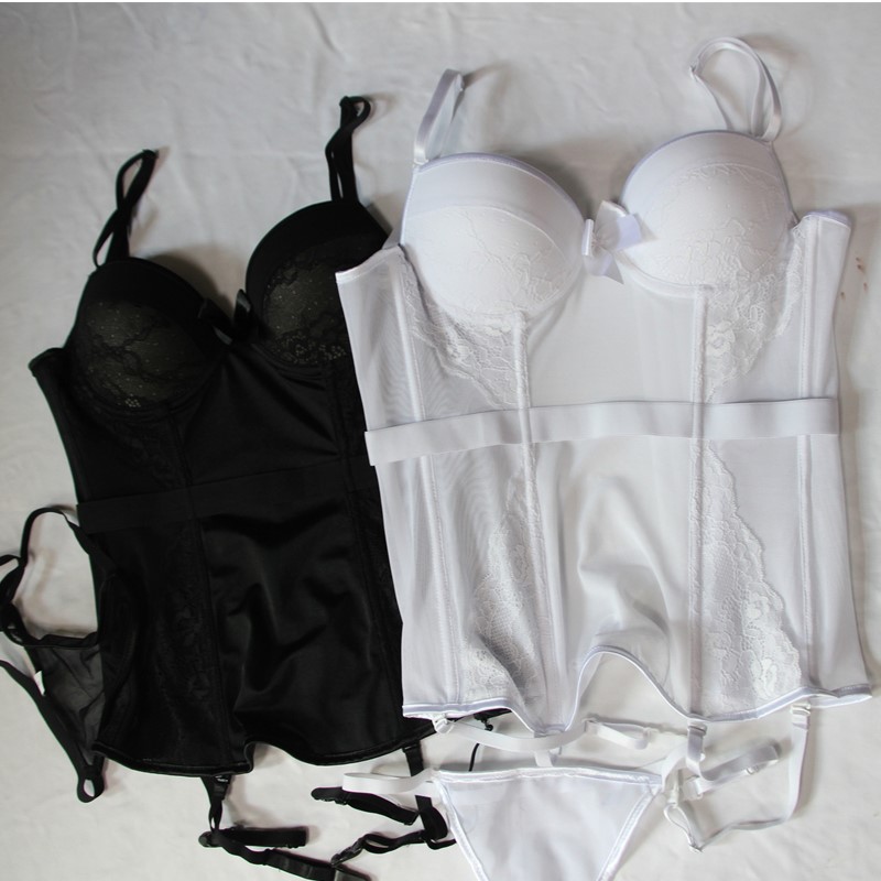 Women Sexy Push-up Bra Eyelash Lace Mesh White Bridal Lingerie Corset Bustier with 4 Garter Belts Gothic Burlesque Overbust Corselet S-XXL