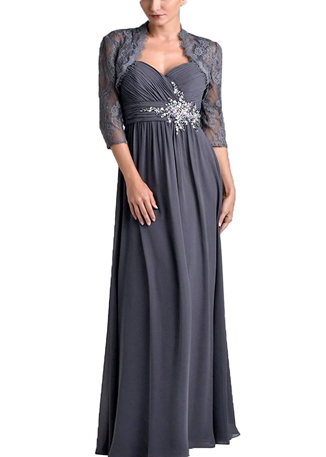 Setwell Two Pieces Sweetheart A-line Mother Of The Bride Dress 3/4 Sleeves Floor Length Lace Chiffon Wedding Guest Gown With Jacket
