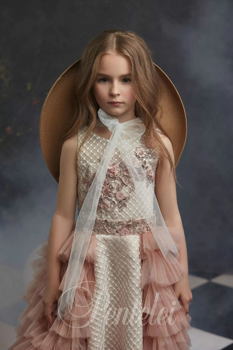 Dreamly A Line Flower Girl With Detachable Train Jewel Sleeveless Lace Bow Sequins Pageant Dress Knee Length Girl's Birthday Part 0508