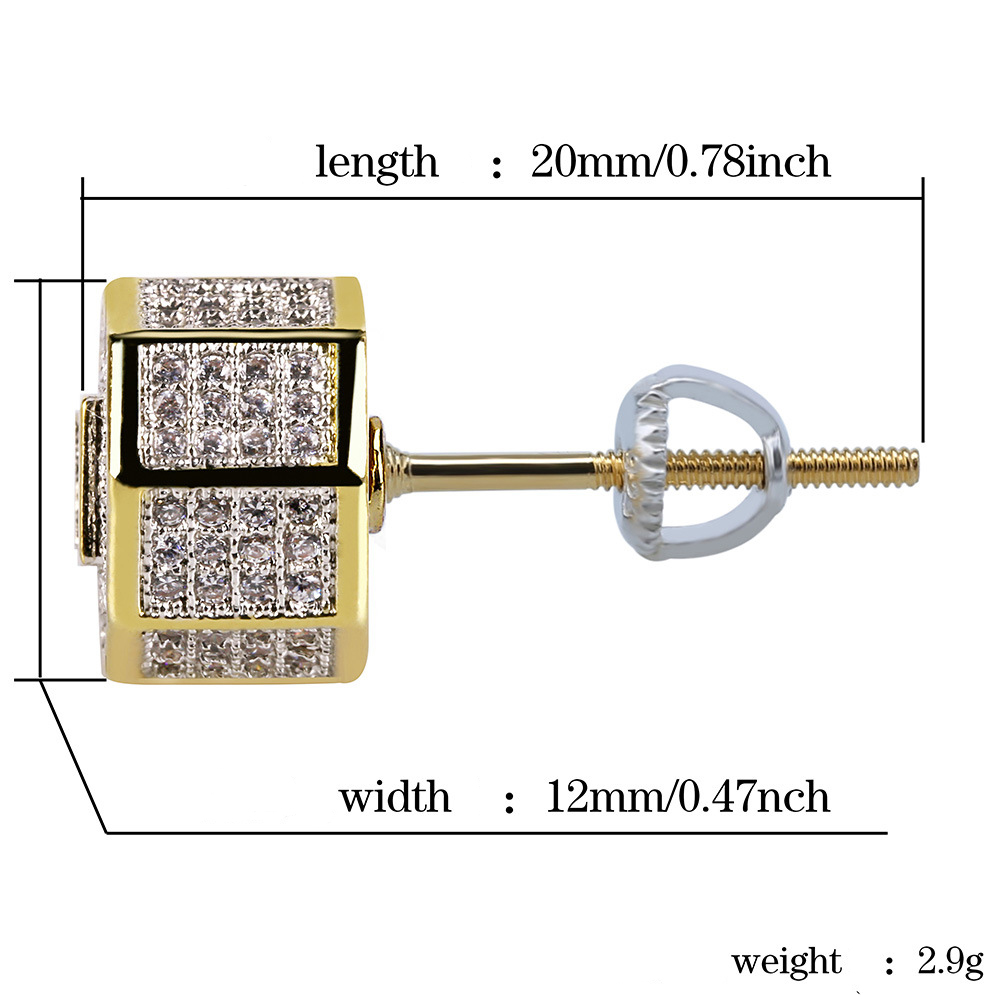 Shining White Zircon Hip Hop Octagon Stud Earrings Screw Back Gold Plated Earrings Vintage Geometric Jewelry