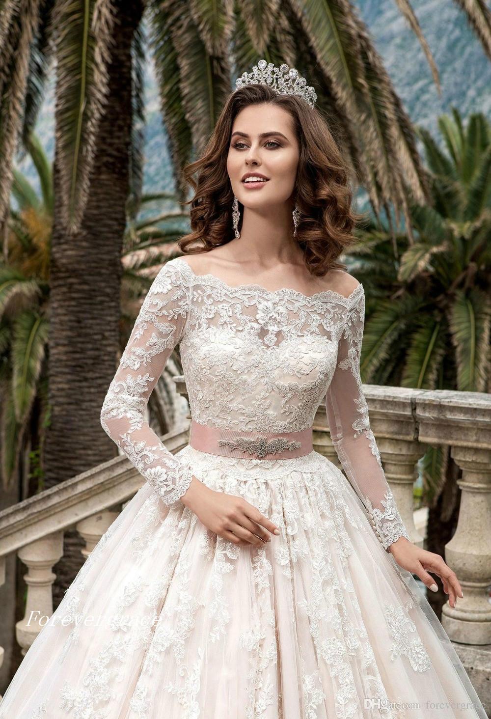 Romantic Long Full Sleeves Lace Wedding Dress Vintage Ball Gown Bridal Party Gown Plus Size Custom Made Vestido De Noiva Longo
