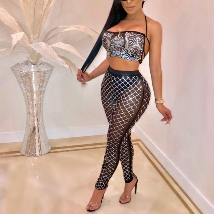 Sparkly Rhinestone Sexy 2 Piece Set Women Chic Halter Crop Top See Through Pant Two Pieces Suit Clubwear Outfit MT2843, Black
Sparkly Rhinestone Sexy 2 Piece Set Women Chic Halter Crop Top See Through Pant Two Pieces Suit Clubwear Outfit MT2843, Black