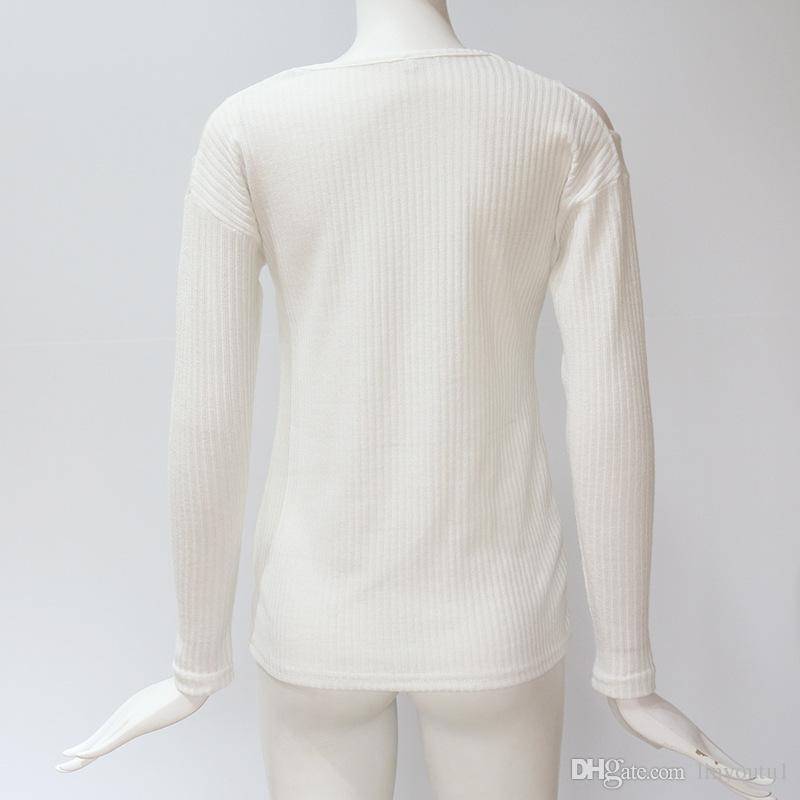 2020 Sexy Cut Out Cold Shoulder Women Tops And Blouses Casual Solid Long Sleeve V Neck Striped Knitwear Streetwear Ladies Shirts