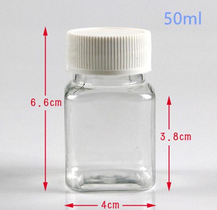 30ml 50ml 80ml Transparent Square PET Bottle, Packing Bottle, Capsule Bottle, Plastic Bottle with white cap