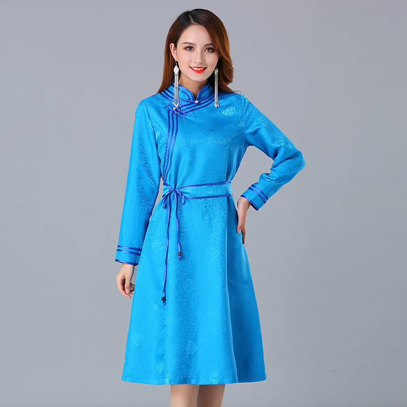 Mongolian dance stage wear long Sleeve Qipao Dress Silk blend Party Cheongsam For Women Elegant oriental ethnic clothing