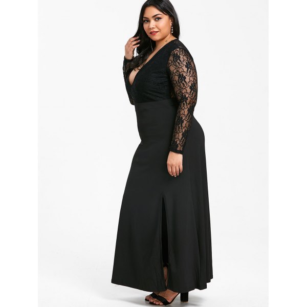 Plus Cheap Lace Size Long Sleeves Prom Dresses A Line Deep V Neck Evening Gown Ankle Length Chiffon Side Split Formal Dress nkle